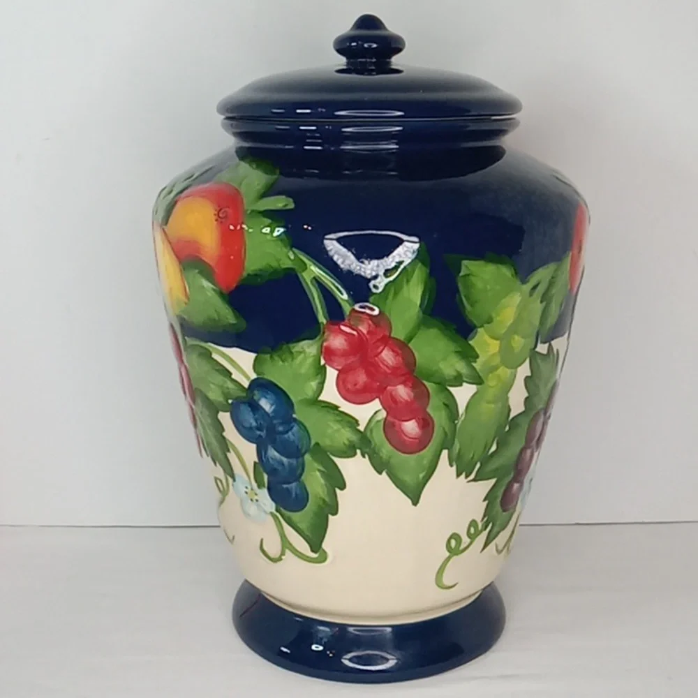 Vintage Large Nonni's Handpainted Fruit Print Lidded Ceramic Cookie Jar Canister